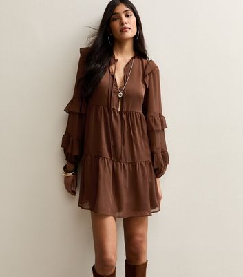 Brown Ruffle Trimmed Tie Neck Chiffon Mini Dress