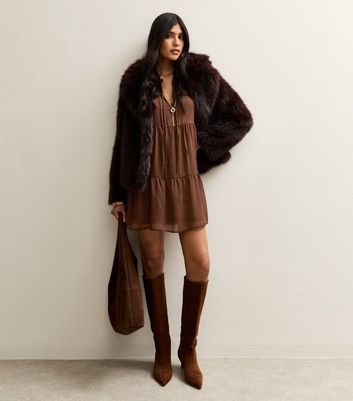 Brown Ruffle Trimmed Tie Neck Chiffon Mini Dress