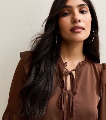 Brown Ruffle Trimmed Tie Neck Chiffon Mini Dress