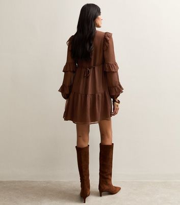 Brown Ruffle Trimmed Tie Neck Chiffon Mini Dress
