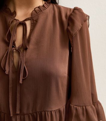Brown Ruffle Trimmed Tie Neck Chiffon Mini Dress