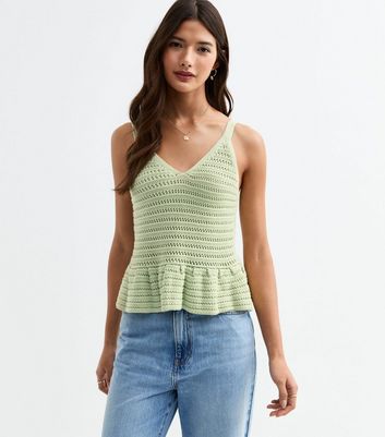 Green Open Knit V-Neck Peplum Vest