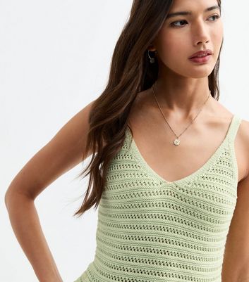 Green Open Knit V-Neck Peplum Vest