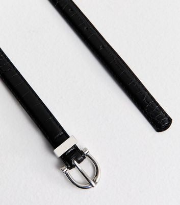 Black Faux Leather Croc Embossed Skinny Belt 3 Black Faux Leather Croc Embossed Skinny Belt