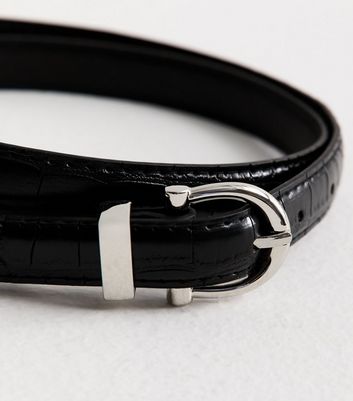 Black Faux Leather Croc Embossed Skinny Belt 4 Black Faux Leather Croc Embossed Skinny Belt