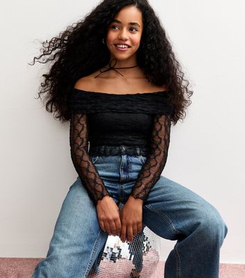 Girls Black Lace Long Sleeve Bardot Top