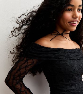 Girls Black Lace Long Sleeve Bardot Top
