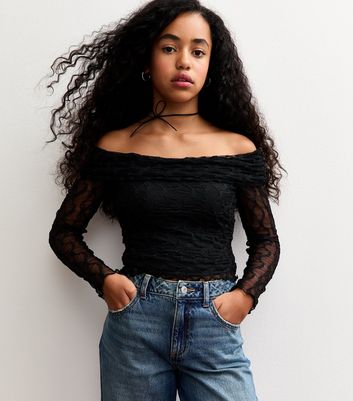 Girls Black Lace Long Sleeve Bardot Top 3 Girls Black Lace Long Sleeve Bardot Top