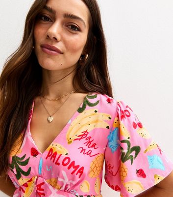 Petite Pink Fruit Print Ruffle Trim Midi Dress