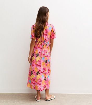 Petite Pink Fruit Print Ruffle Trim Midi Dress
