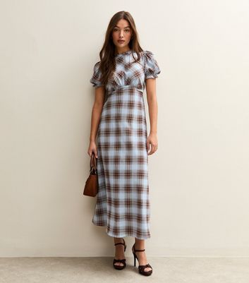 Light Blue Checked Short Sleeve Midi Dress