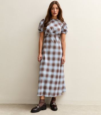 Light Blue Checked Short Sleeve Midi Dress