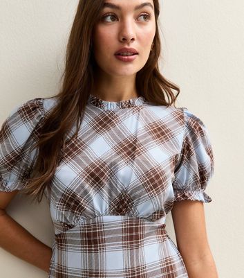 Light Blue Checked Short Sleeve Midi Dress