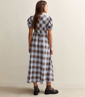 Light Blue Checked Short Sleeve Midi Dress