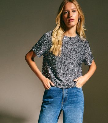 Grey Velvet Sequin Embellished T-Shirt