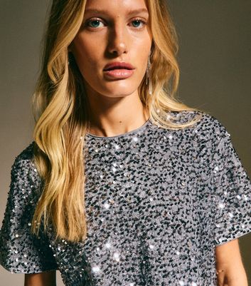 Grey Velvet Sequin Embellished T-Shirt