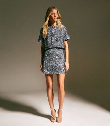 Grey Velvet Sequin Embellished T-Shirt