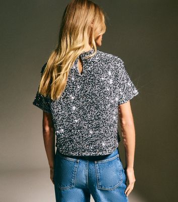 Grey Velvet Sequin Embellished T-Shirt