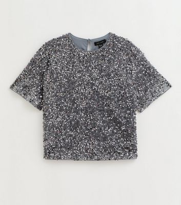 Grey Velvet Sequin Embellished T-Shirt