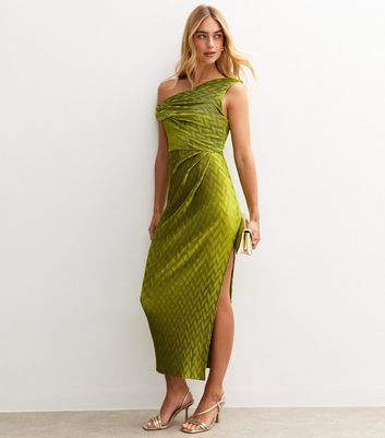Light Green Textured One Shoulder Slit Hem Midi Dress