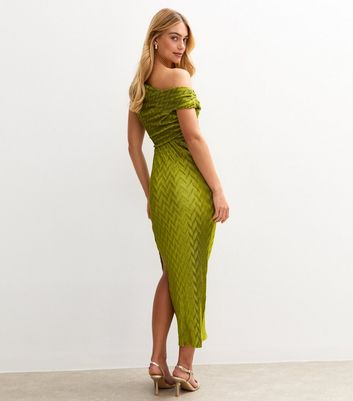 Light Green Textured One Shoulder Slit Hem Midi Dress