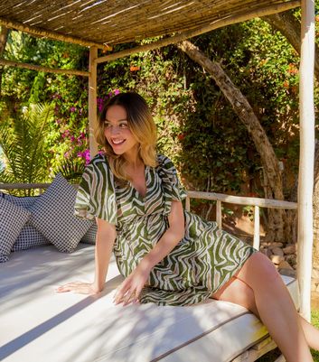 Blue Vanilla Olive Green Printed Button Front Mini Dress