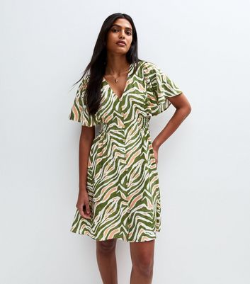 Blue Vanilla Olive Green Printed Button Front Mini Dress