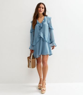 Petite Blue Ruffle Trimmed Mini Dress