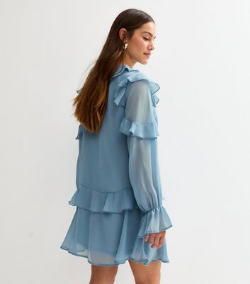 Petite Blue Ruffle Trimmed Mini Dress