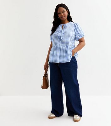 Curves Blue Checked Tie Front Peplum Top