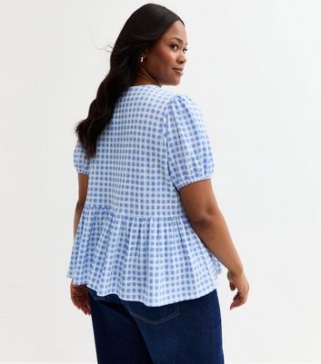 Curves Blue Checked Tie Front Peplum Top
