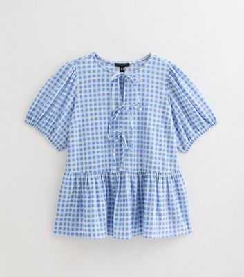 Curves Blue Checked Tie Front Peplum Top