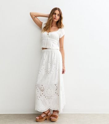 White Embroidered Midi Skirt