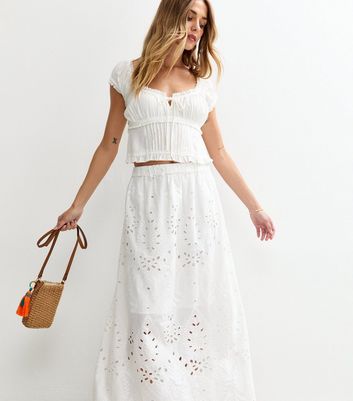 White Embroidered Midi Skirt