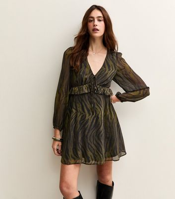 Green Tiger Print Chiffon Long Sleeve Mini Dress
