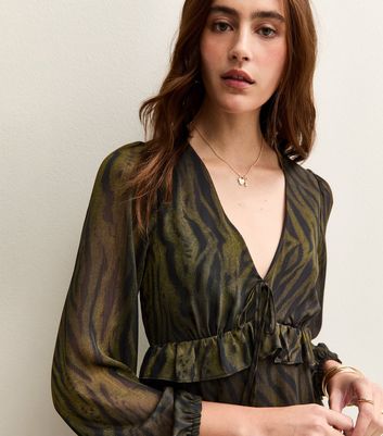 Green Tiger Print Chiffon Long Sleeve Mini Dress