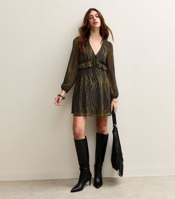 Green Tiger Print Chiffon Long Sleeve Mini Dress