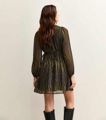 Green Tiger Print Chiffon Long Sleeve Mini Dress