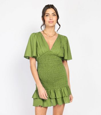 Little Mistress by Chloe Lewis Green Shirred Frilly Hem Mini Dress