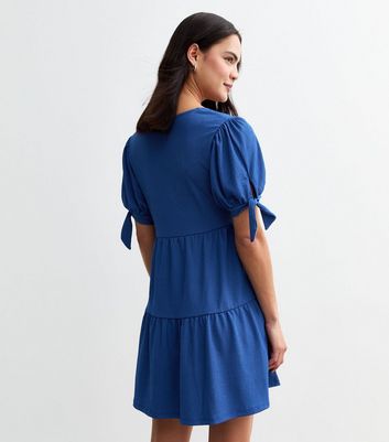 Blue Crinkled V-Neck Mini Smock Dress