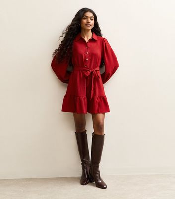 Petite Red Tiered Belt Shirt Mini Dress