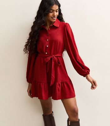 Petite Red Tiered Belt Shirt Mini Dress