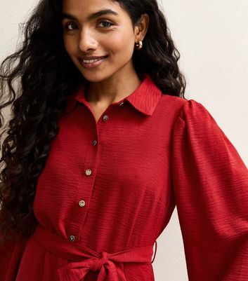 Petite Red Tiered Belt Shirt Mini Dress