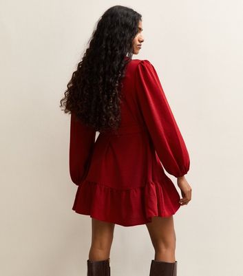 Petite Red Tiered Belt Shirt Mini Dress