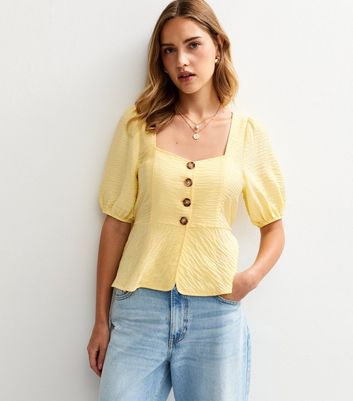 Yellow Textured Button Up Peplum Top