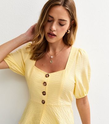Yellow Textured Button Up Peplum Top