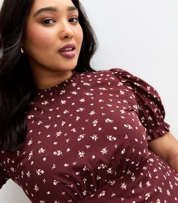 Curves Red Ditsy Print Short Sleeve Crepe Midi Dress