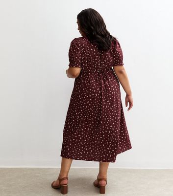 Curves Red Ditsy Print Short Sleeve Crepe Midi Dress
