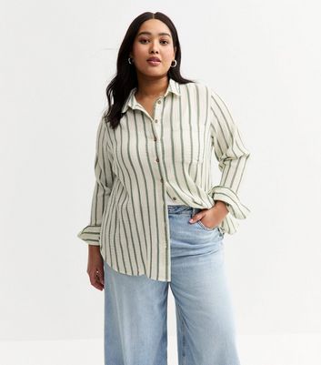 Green Stripe Crinkled Texture Cotton Shirt