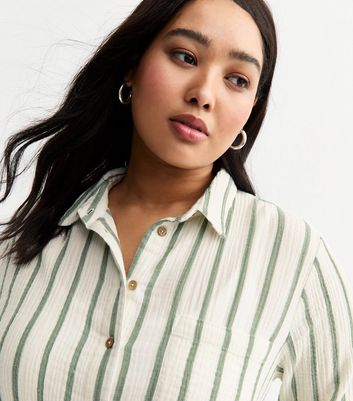 Green Stripe Crinkled Texture Cotton Shirt